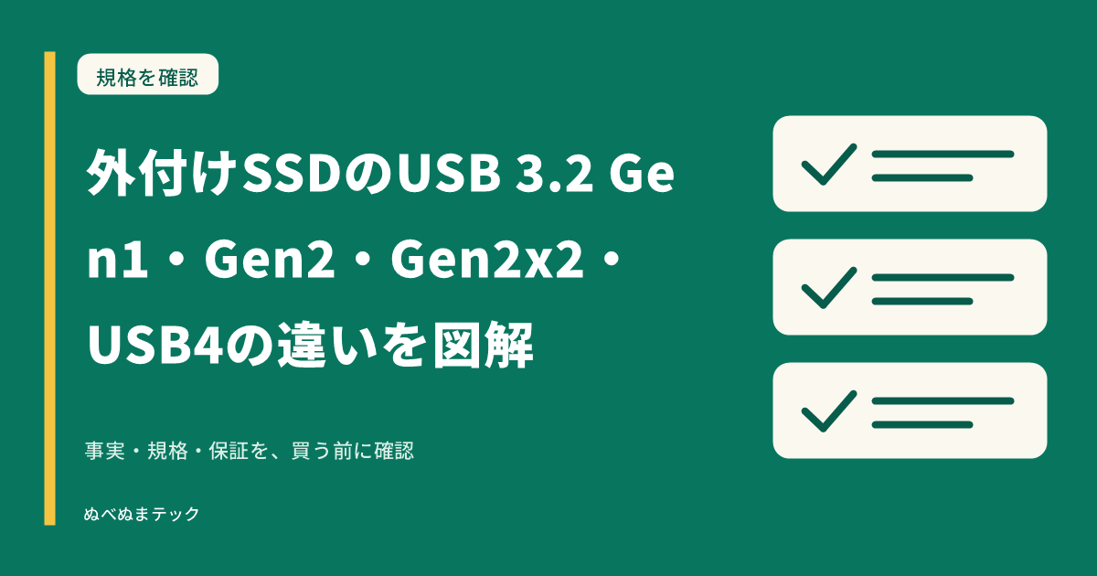 外付けSSDのUSB 3.2 Gen1・Gen2・Gen2x2・USB4の違いを図解の要点を確認するアイキャッチ